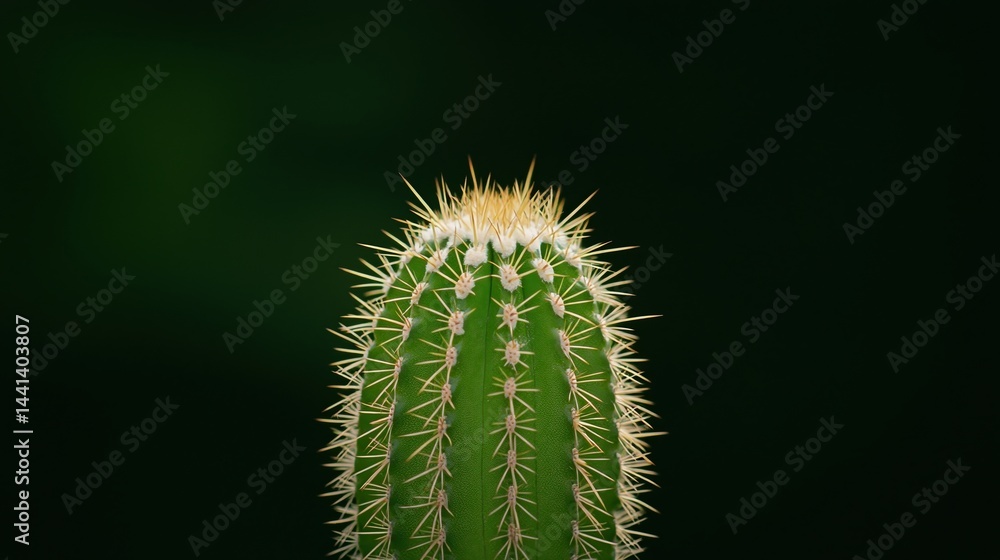 Obraz premium Close-up of a green cactus with sharp white spines against a dark green background.