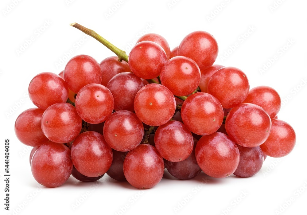 A cluster of red grapes with a stem isolated on a white background in a studio setting view close up A cluster of red grapes with a stem isolated on a white background in a studio setting view close up