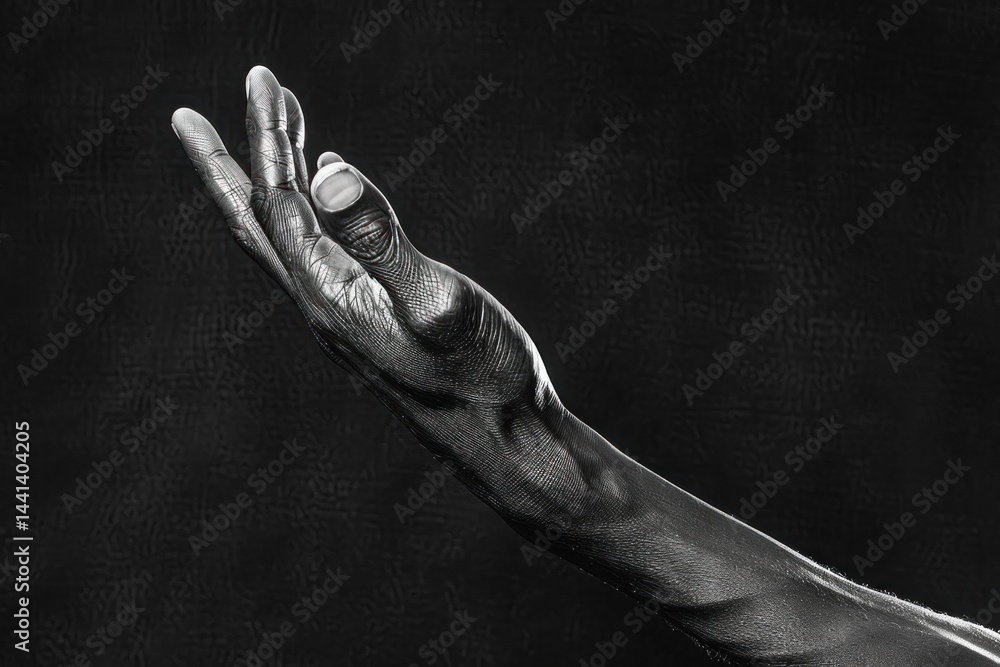 Naklejka premium close-up of a dark-skinned human hand with fingers spread slightly upward against a black background, emphasizing texture, veins, and detailed skin patterns, evoking a sense of strength and grace