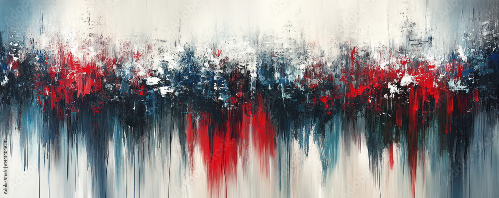 Naklejka premium A painting of a cityscape with a red line running through it. The painting is abstract and has a sense of chaos and movement. The red line seems to be the focal point of the painting