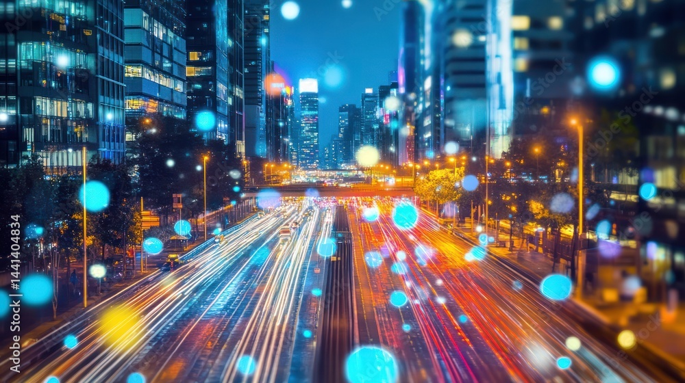 Fototapeta premium Metropolitan Velocity: Abstract Cityscape with Dynamic Light Trails and Data Visualization