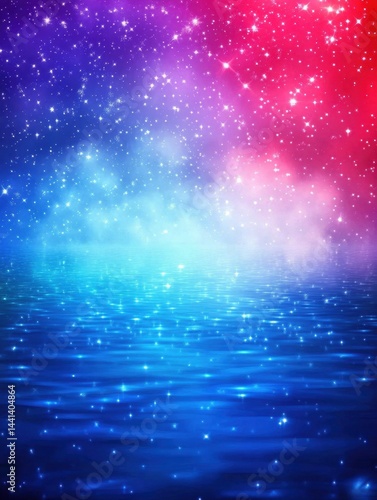 Ethereal cosmic ocean reflecting vibrant nebula skies and twinkling stars creating a dreamy fantasy landscape with a magical and serene atmosphere for imagination