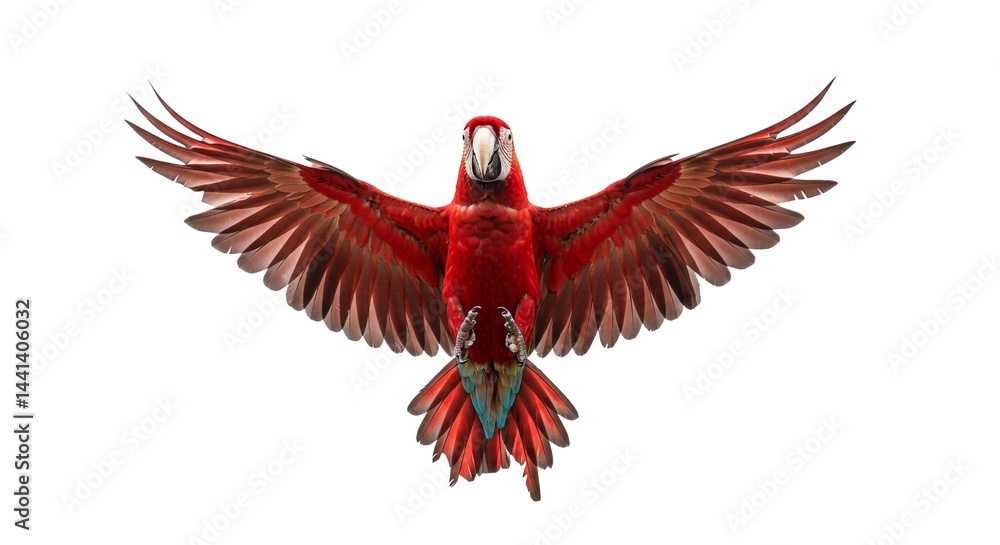 Obraz premium Majestic Scarlet Macaw soars with crimson wings, a burst of tropical brilliance against a pristine white canvas, a spectacle of avian grace.