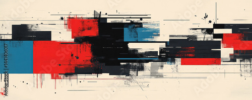 A painting of a cityscape with a lot of splatter and splotches. The colors are red, blue, and black. The mood of the painting is chaotic and frenetic