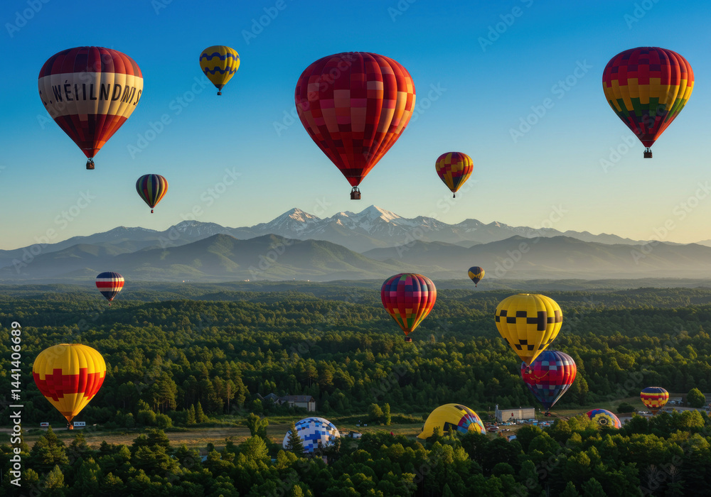Naklejka premium Hot air balloons soaring over mountainous landscape, colorful specs against blue sky, creating a serene and majestic sight.