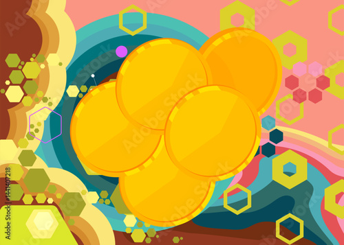 Retro 70s Background with Gold Coin. Groovy Gold 1970s art template. Minimalistic Vintage design poster. Old-fashioned color artwork.