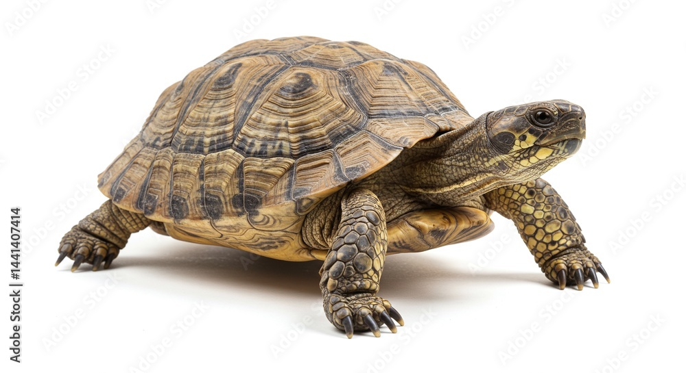 Fototapeta premium A reptile with a brown and tan shell and scaled skin is shown from the front, sitting on a blank, white background.