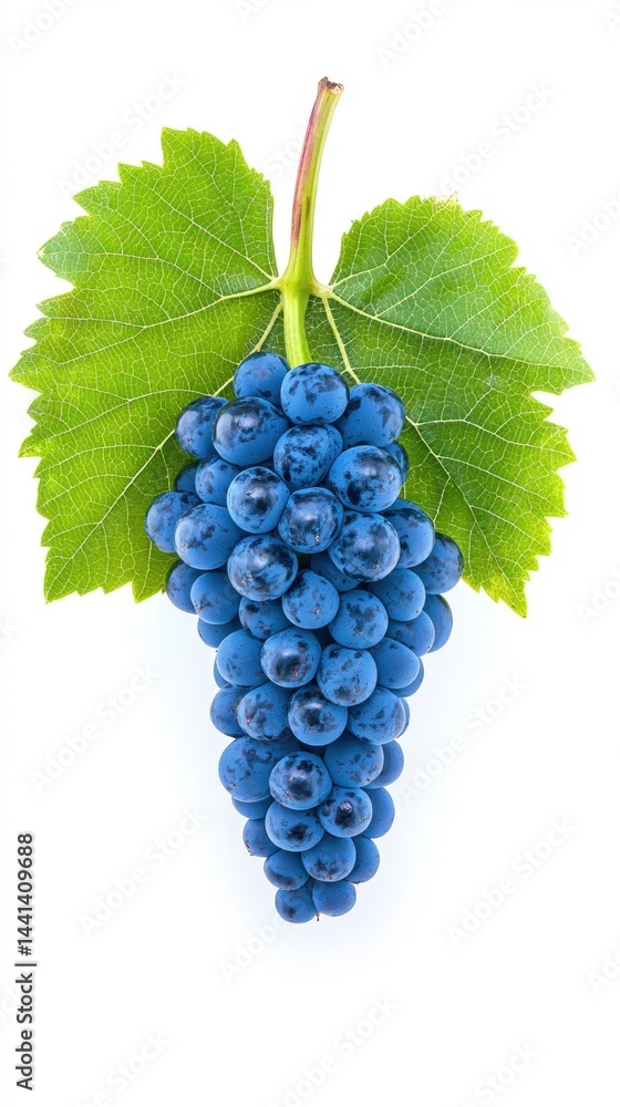 Obraz premium Captivating close up of vibrant blue grapes with lush green leaves against a pristine white background showcasing freshness and natural beauty in a studio shot
