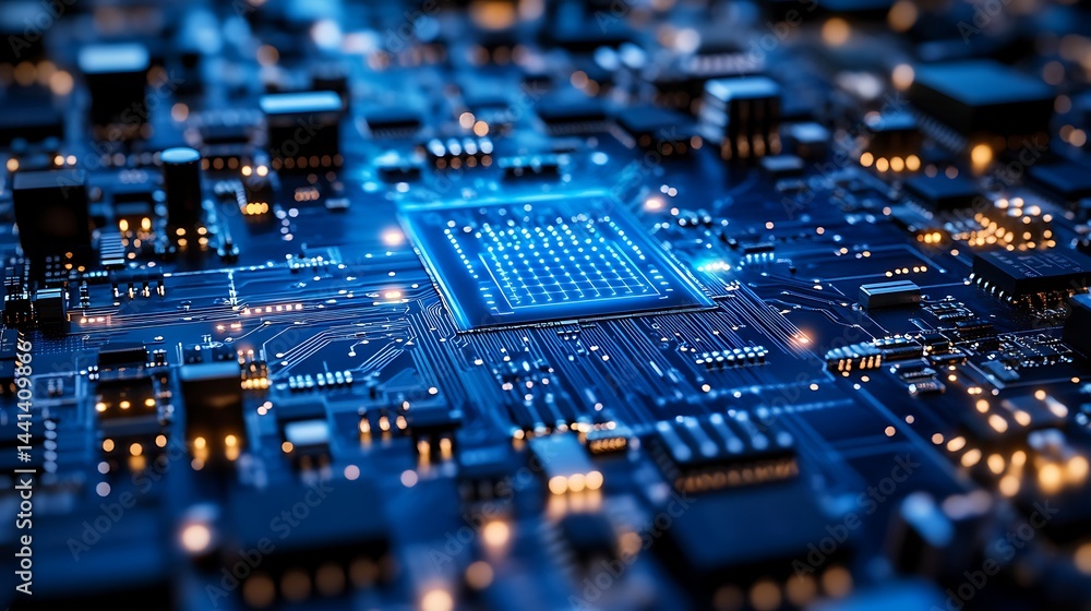 Close-Up of Blue Circuit Board with Glowing Components Close-Up of Blue Circuit Board with Glowing Components