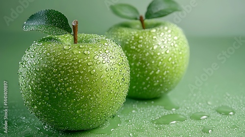 Fresh Green Apples with Water Droplets on a Green Surface