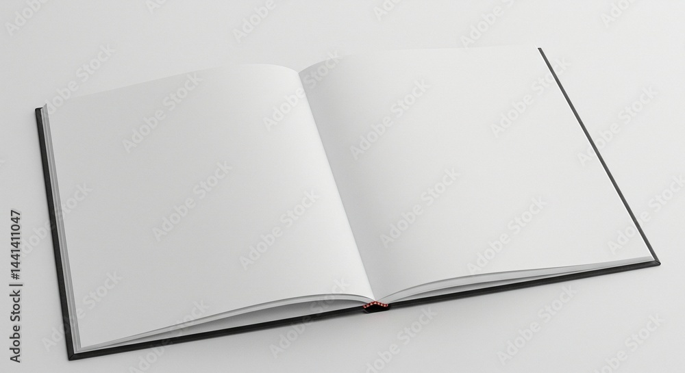 An open notebook with blank white pages and a black cover on a neutral background, providing a canvas for writing, drawing, or designing. An open notebook with blank white pages and a black cover on a neutral background, providing a canvas for writing, drawing, or designing.