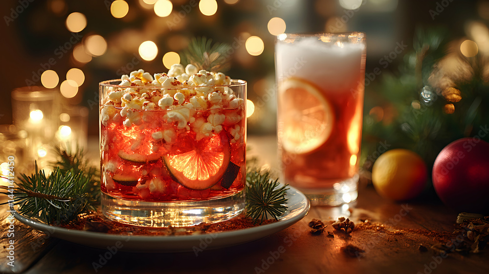 Festive Christmas cocktail with popcorn, citrus fruit, and warm spices. Perfect for holiday celebrations and winter gatherings. Festive Christmas cocktail with popcorn, citrus fruit, and warm spices. Perfect for holiday celebrations and winter gatherings.