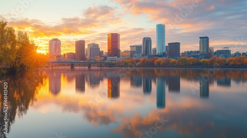 Majestic Sunset Over Portland Skyline: River Reflection