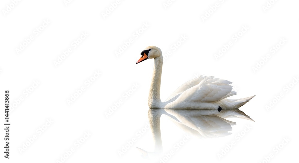Fototapeta premium Graceful swan reflected on pristine water, its white feathers glistening against a pure backdrop, epitomizing serenity and elegant beauty.