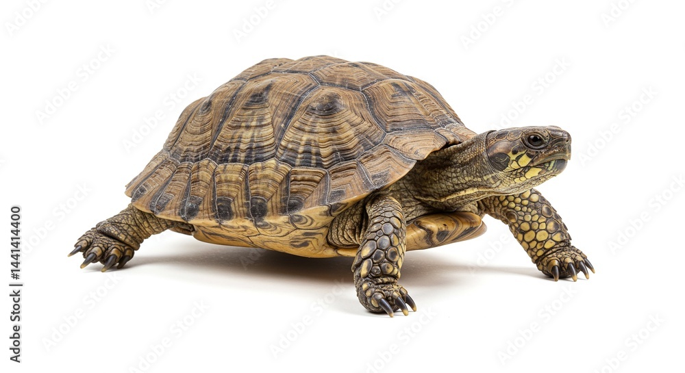 A reptile with a hard shell standing on a white surface. The turtle has a brown shell, a scaly head, and patterned legs. A reptile with a hard shell standing on a white surface. The turtle has a brown shell, a scaly head, and patterned legs.