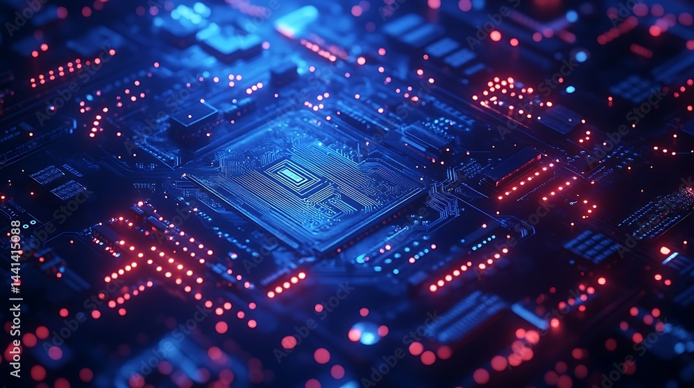Close-Up of Blue Circuit Board with Glowing Components Close-Up of Blue Circuit Board with Glowing Components