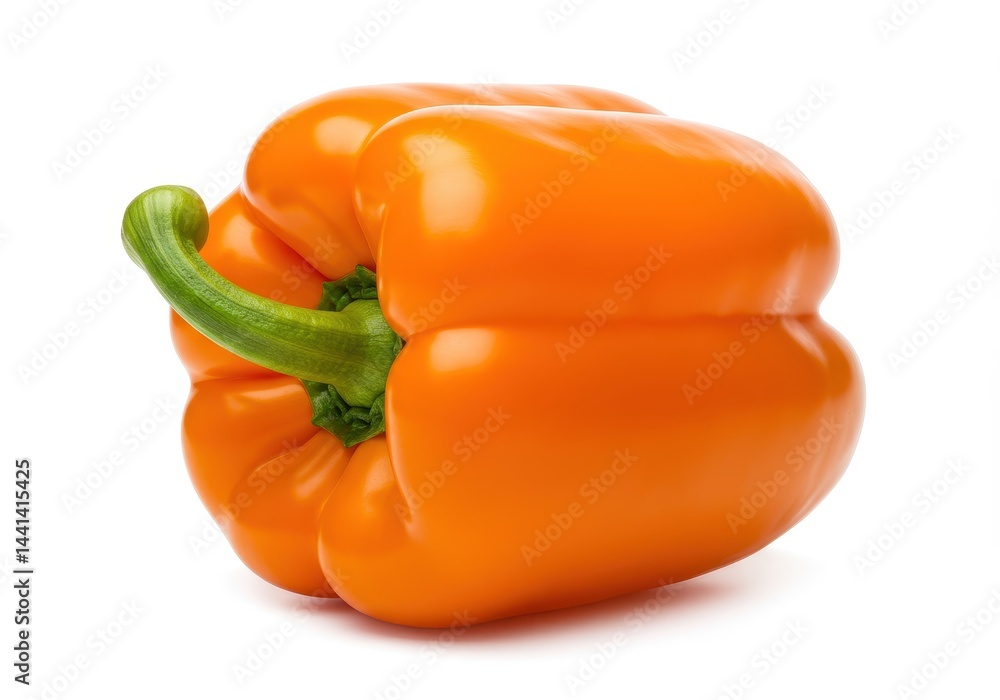 A close up shot of a single orange bell pepper with a green stem on a white background in studio light A close up shot of a single orange bell pepper with a green stem on a white background in studio light