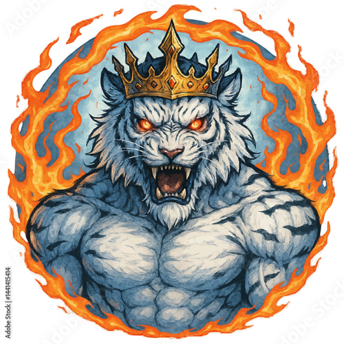 Illustration design of a muscular white tiger with a crown and fire ornaments, suitable for t-shirt designs and others.
