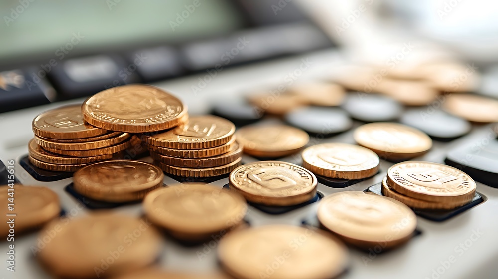 Calculating Finances Golden Coins Stacked on Keyboard Keys Close Up Calculating Finances Golden Coins Stacked on Keyboard Keys Close Up