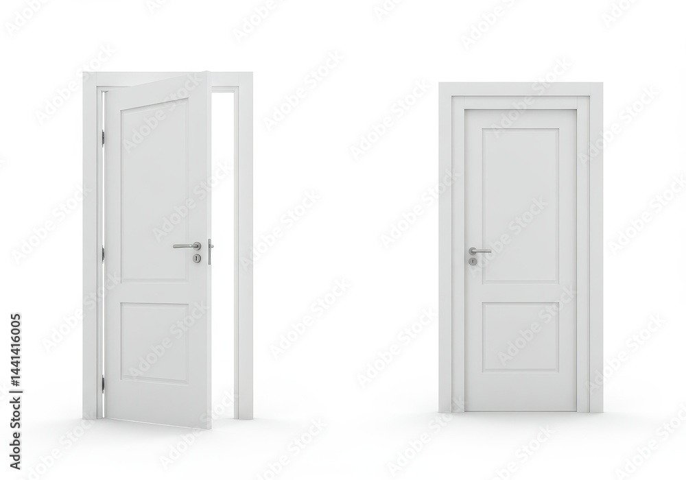 Two white doors one open slightly and one closed on a white background in a studio setting render Two white doors one open slightly and one closed on a white background in a studio setting render