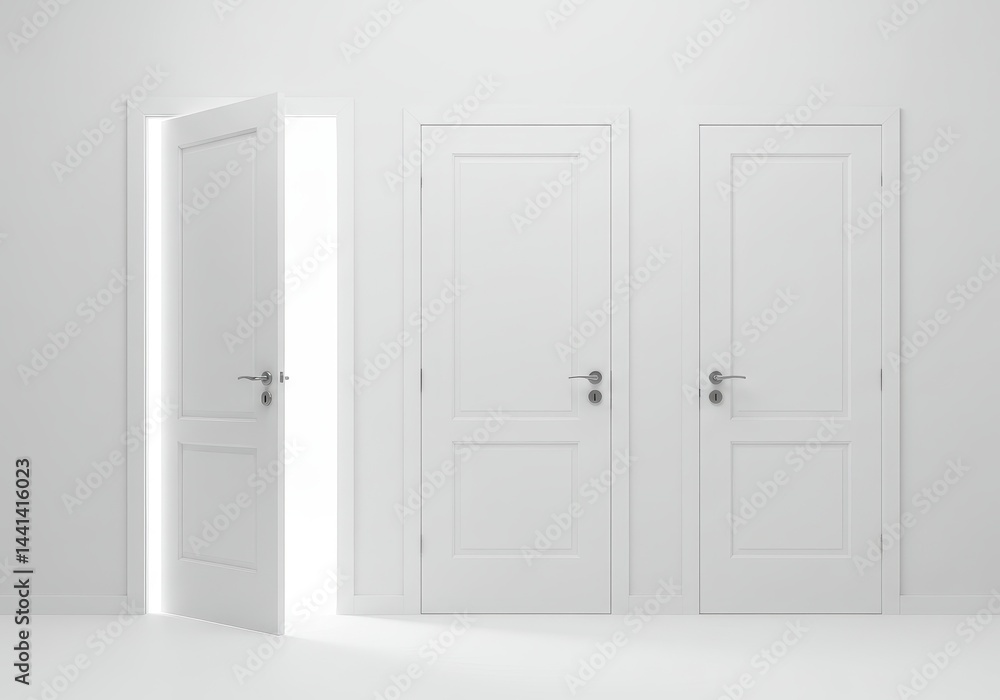 Three white doors in a bright white room with one door slightly ajar showing light behind it Three white doors in a bright white room with one door slightly ajar showing light behind it