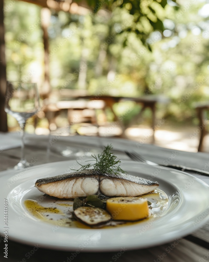 Exquisite grilled fish fillet presentation on a white plate with lemon and herbs in a rustic outdoor setting capturing culinary elegance and natural light Exquisite grilled fish fillet presentation on a white plate with lemon and herbs in a rustic outdoor setting capturing culinary elegance and natural light