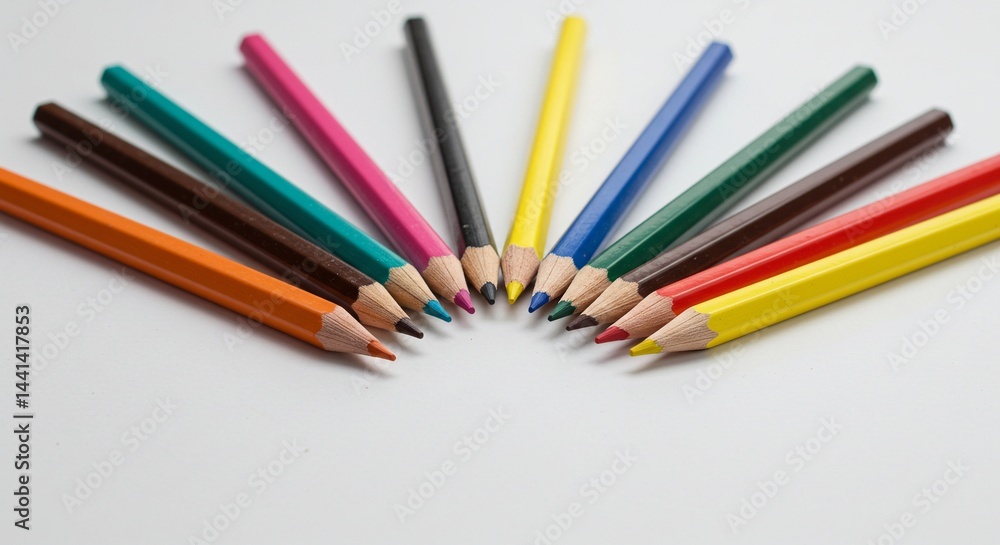 Fototapeta premium Colorful pencils arranged in a semi-circle on a white surface. The pencils include various colors, from yellow, blue, green, red, orange, brown.