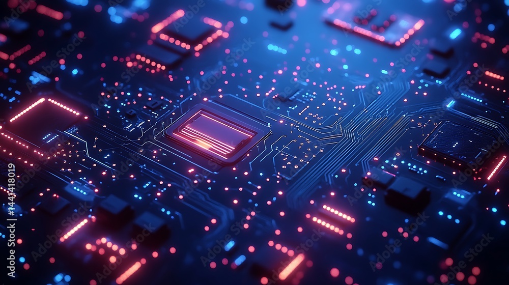 Close-Up of Blue Circuit Board with Glowing Components Close-Up of Blue Circuit Board with Glowing Components