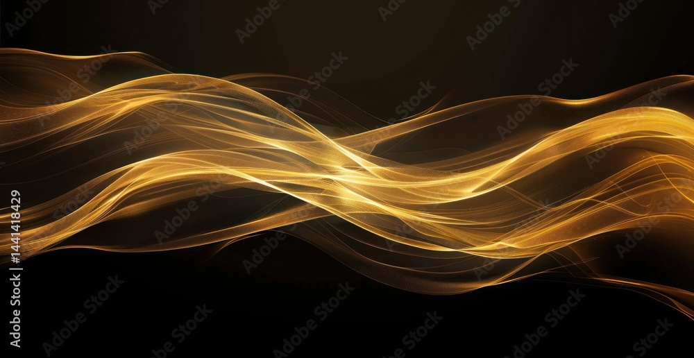 Fototapeta premium Elegant flowing golden wave lines glowing softly against a dark background, creating a dynamic and serene visual movement