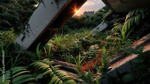 Fototapeta Naklejka Na Ścianę i Meble -  Overgrown concrete structures in a lush jungle setting.