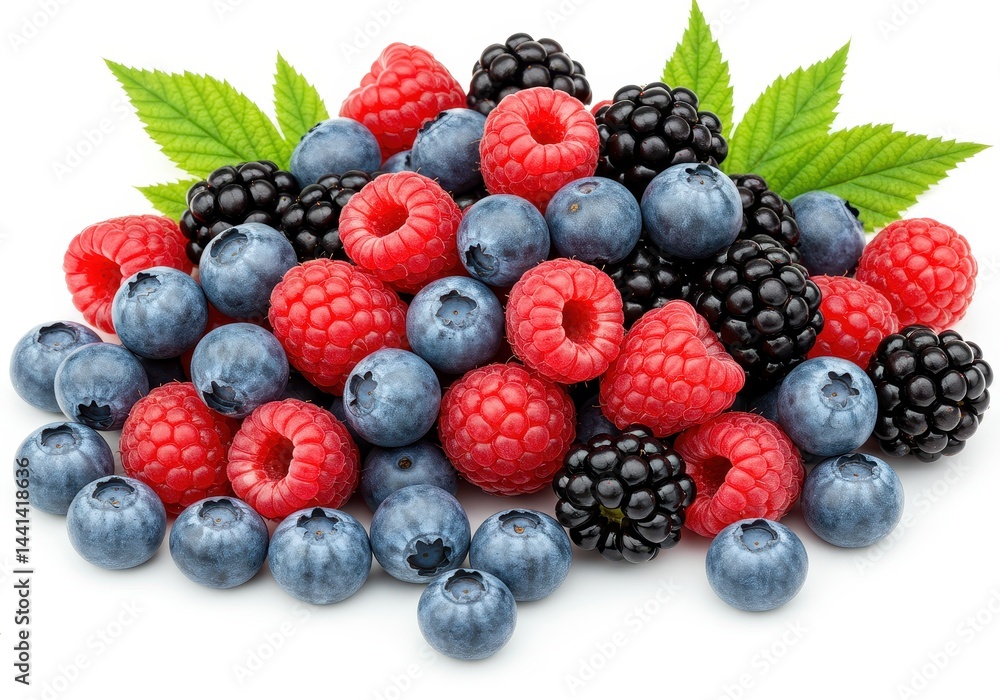 A vibrant mix of blueberries raspberries and blackberries arranged on a white surface with green leaves A vibrant mix of blueberries raspberries and blackberries arranged on a white surface with green leaves