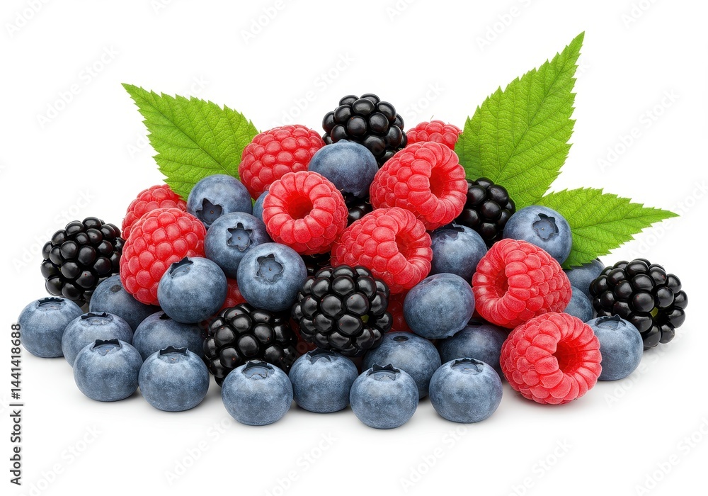 A close up shot of a pile of mixed berries including blueberries raspberries and blackberries with leaves A close up shot of a pile of mixed berries including blueberries raspberries and blackberries with leaves