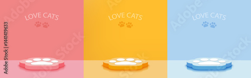 Cats paw base set on Pink, Yellow, and Blue background. Minimalist. Pedestal with for product display, advertising. Vector illustration.
