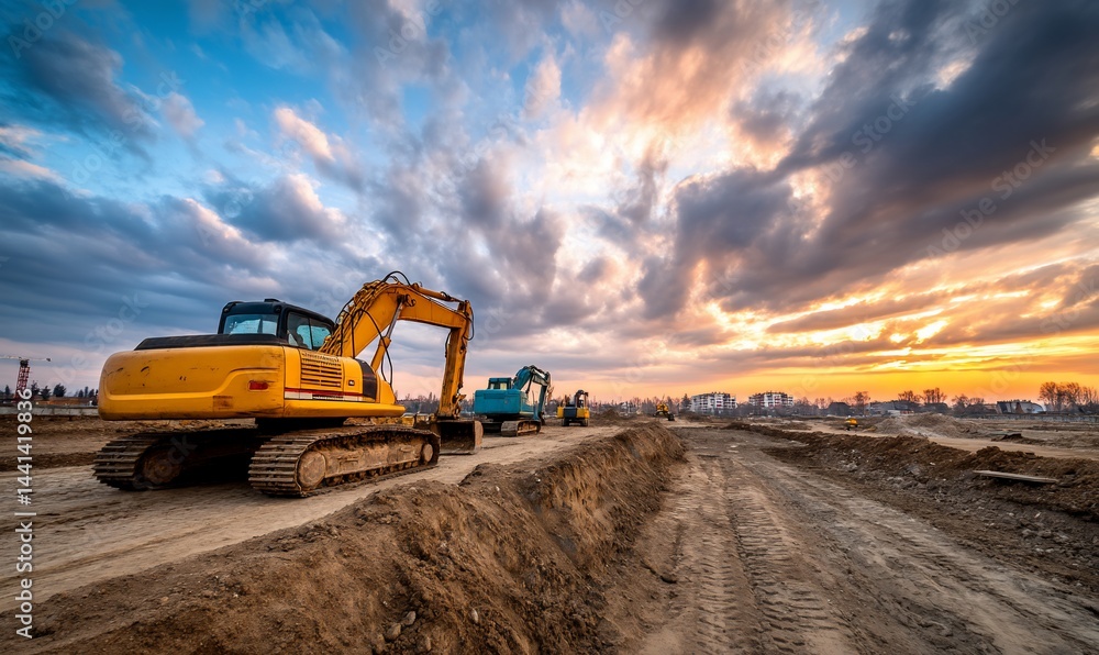 Construction site at sunset with excavators. Possible use Stock photo for construction, engineering, or development projects Construction site at sunset with excavators. Possible use Stock photo for construction, engineering, or development projects