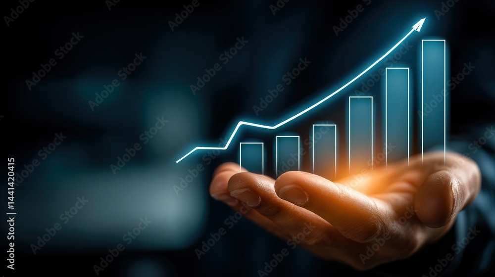 Close-up of an open palm with a shining hologram symbol of growth and sales analytics above it, isolated on a white background, sleek digital vibe.