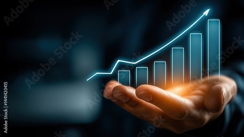 Obraz na płótnie Close-up of an open palm with a shining hologram symbol of growth and sales analytics above it, isolated on a white background, sleek digital vibe. w salonie