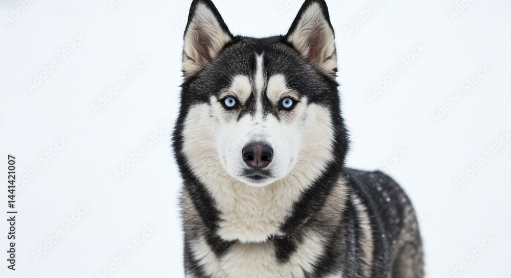 A striking husky gazes intently, its piercing blue eyes contrasting with its black and white fur, creating a captivating portrait. A striking husky gazes intently, its piercing blue eyes contrasting with its black and white fur, creating a captivating portrait.