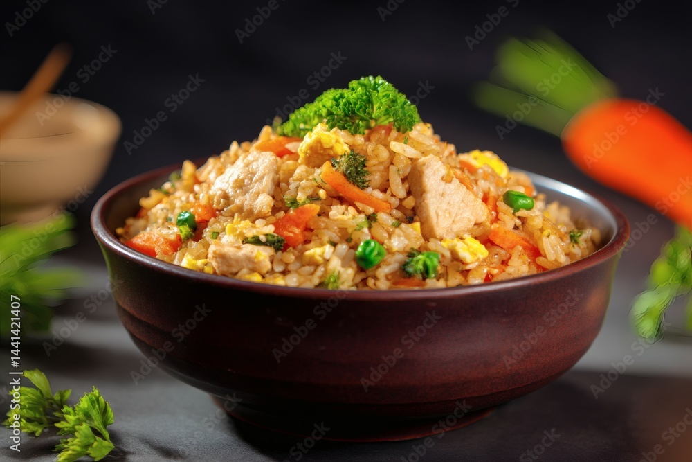 Rice Bowl with Chicken, Carrots, Peas and Parsley on Dark Brown Background