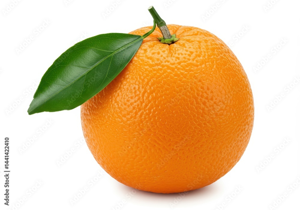 A single orange with a green leaf attached to the top lying on a white surface in a studio shot A single orange with a green leaf attached to the top lying on a white surface in a studio shot