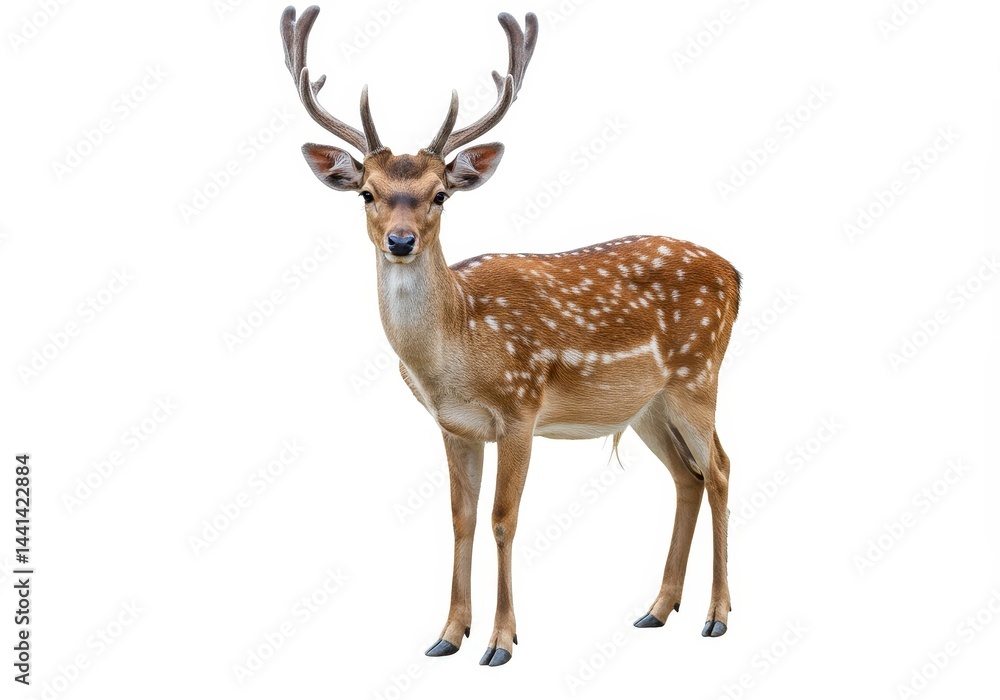 Fototapeta premium A full body shot of a deer with antlers standing on a white background looking at the camera view