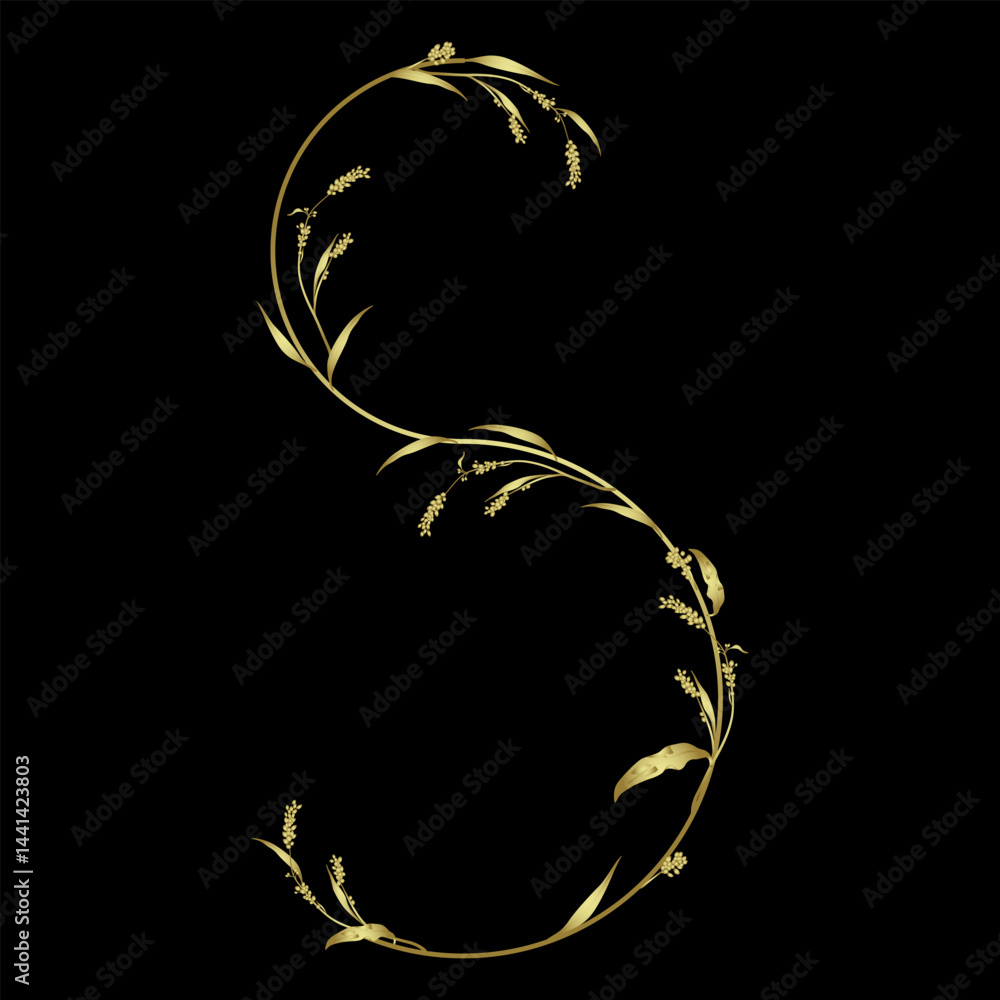 Fototapeta premium Capital letter S with floral motifs. Botanical alphabet with herbs and wildflowers. Blooming branches of Polygonum plant. Knotweed or Smartweed flower. Golden glossy silhouette on black background.