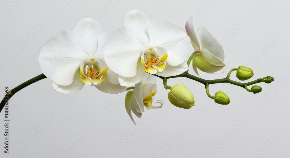 Obraz premium A close up of a phalaenopsis orchid branch with white petals and yellow centers on a white background
