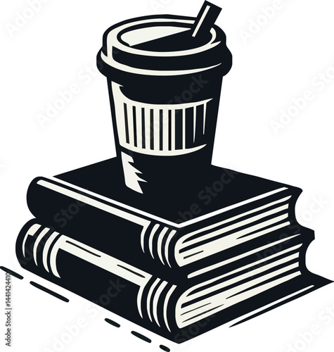 Stylized Image Of A Coffee Cup With A Straw Atop A Stack Of Books Black And White Graphic
