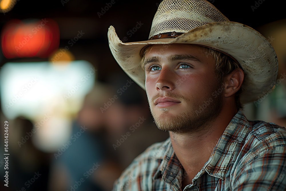 Young man in cowboy hat, pensive gaze Young man in cowboy hat, pensive gaze