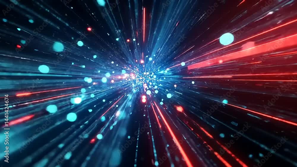 Abstract dimensional space warp speed with light trails and bokeh particle