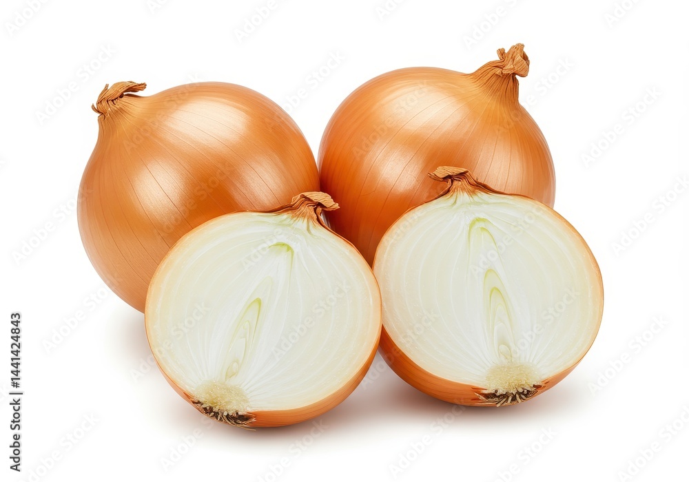 Fototapeta premium A group of onions featuring two whole onions and two halved onions on a white background surface