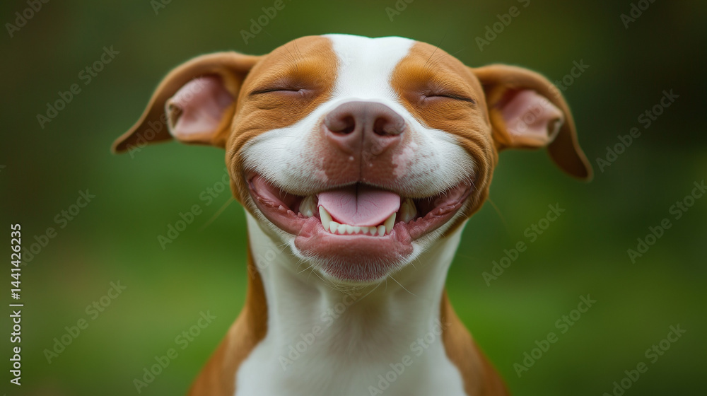 A smiling brown and white Pit Bull Terrier exudes happiness in a serene portrait. Pure joy and warmth captured in a moment. A smiling brown and white Pit Bull Terrier exudes happiness in a serene portrait. Pure joy and warmth captured in a moment.