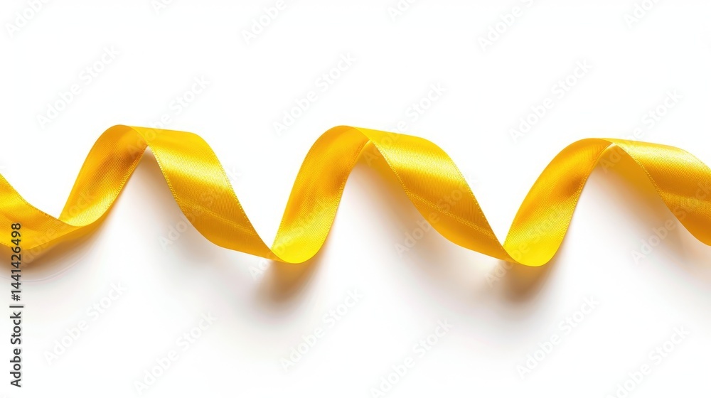 A wavy piece of yellow ribbon on a white background, showcasing its texture and movement. A wavy piece of yellow ribbon on a white background, showcasing its texture and movement.