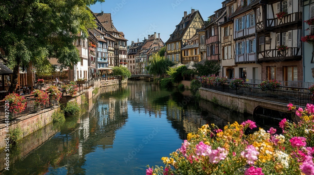 Naklejka premium Picturesque European canal lined with colorful buildings.