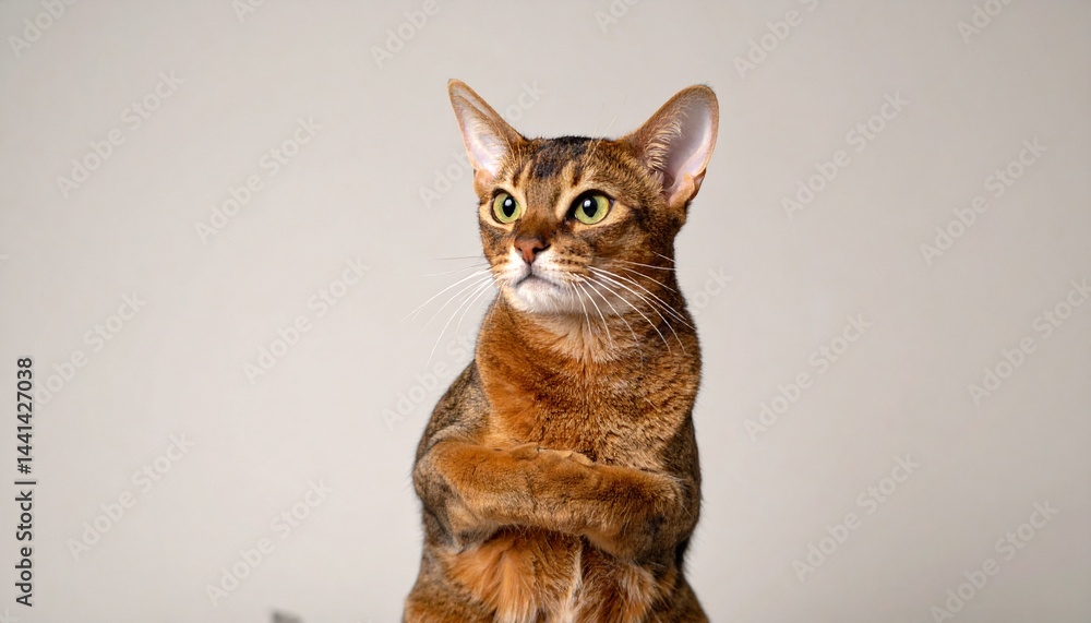 Obraz premium マットな背景に、アビシニアン猫が前足を揃えて座り、遠くを見つめるシーンのクローズアップ。筋肉質な体と丸い耳が特徴的